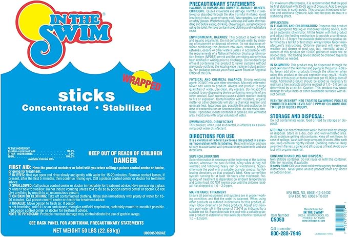 In The Swim 4 Inch Chlorine Sticks for Sanitizing Swimming Pools - Individually Wrapped, Slow Dissolving, Stabilized Chlorine Sanitizer - 90% Available Chlorine, 99% Trichlor - 10 Pounds
