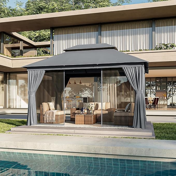 AOXUN Outdoor Gazebo for Patio 10x13, Metal Frame Canopy with Double Roofs, Heavy Duty Party Tent and Shelter with Mosquito Netting and Privacy Screen for Backyard, Lawn, Garden,Deck (Dark Gray)