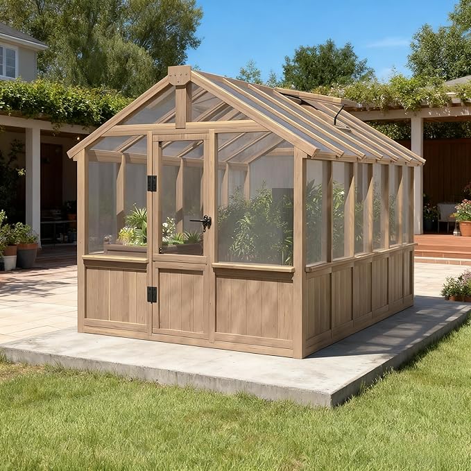 Greenhouse for Outdoor, 6x8ft-8x12ft Wooden WAK-in Greenhouse Kitwith 6MM Thick Polycarbonate Panel, Lockable Door & Adjustable Roof Vent ，Backyard Garden ﻿ (Light Mocha Brown, 8*12FT)