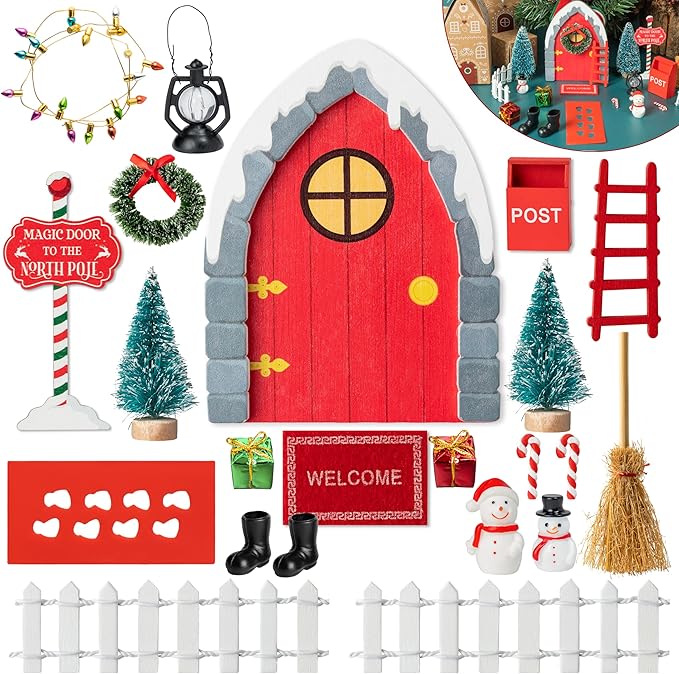 Haooryx Christmas Elf Garden Miniatures - 22Pcs Christmas Magic Fairy Doors Decoration Kit Wooden Miniature Fairy Door Xmas Elf Magic Door Wall Fairies Christmas Winter Xmas New Year Decor(Grey Stone)