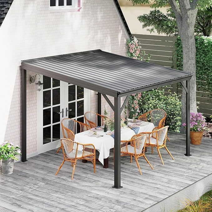 10x10FT Lean to Gazebo, Outdoor Hardtop Wall Mount Gazebo with Gutter & Sloping Galvanized Steel Roof, Metal Hard Top Awnings for Deck, Porch, Backyard