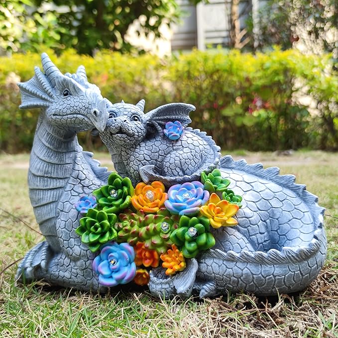 Solar Dragon Garden Statues Outdoor Decor, Resin Dragon Figurine with Succulent and 6 LED Lights Lawn Patio Balcony Art Decoration,Housewarming Birthday Gifts for Grandma Mom Women