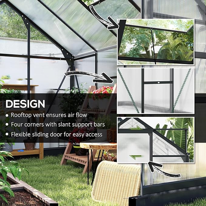 Outsunny 6' x 8' Greenhouse for Outdoors, Polycarbonate Greenhouse with Rain Gutter and Roof Vent, Aluminum Walk-in Green Houses for Outside for Patio Backyard Garden, Gray