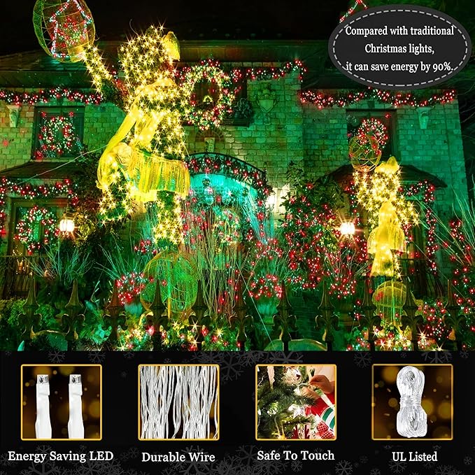 KNONEW Outdoor Christmas Lights 500 LED 197ft String Lights 8 Modes & Memory Fairy Light Plug in Waterproof LED String Lights for Xmas Yard Tree Wedding Decoration (Red and Green)