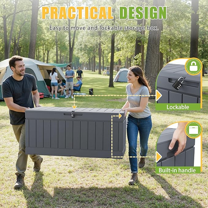 Greesum 82 Gallon Resin Deck Box Large Outdoor Storage for Patio Furniture, Garden Tools, Pool Supplies, Weatherproof and UV Resistant, Lockable, Gray