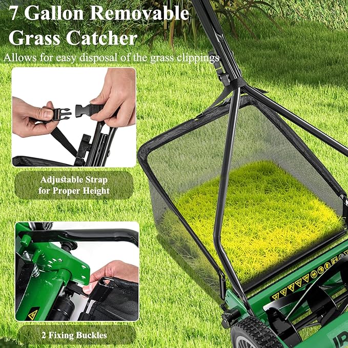 Goplus Manual Lawn Mower, 14 Inch 5-Blade Walk-Behind Cordless Grass Cutter with 7 Gallon Removable Grass Collect Bag, Adjustable Cutting Heights, Push Reel Lawn Mower for Yard, Garden