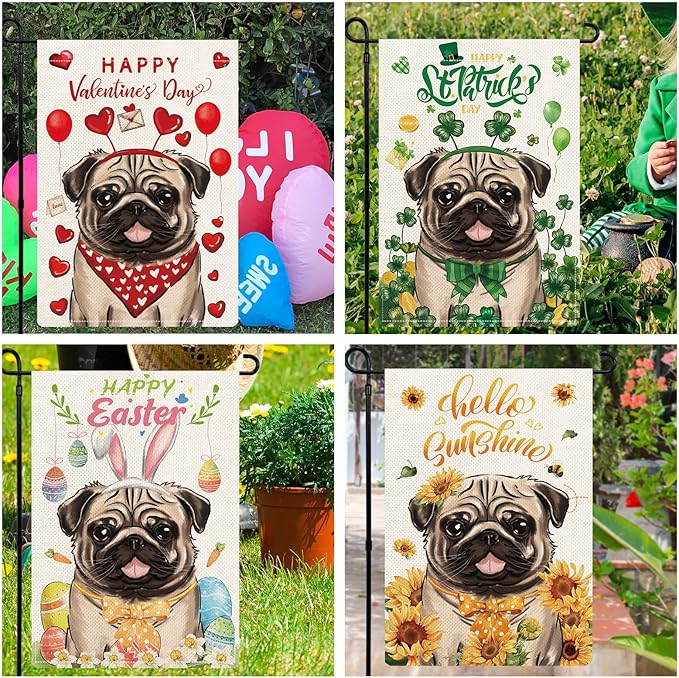 Pug Garden Flags for Outside Set of 12, Dog Welcome Seasonal Garden Flags 12x18 Double Sided for All Seasons and Holidays, Spring Summer Yard Lawn Flag for Outdoor Decor, Pug Decor