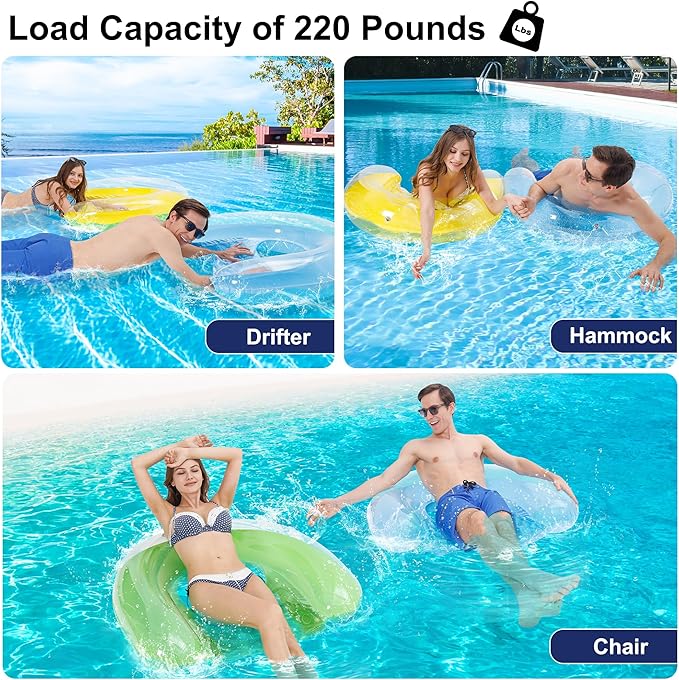 2 Pack Pool Floats Adult, PuppyuWill Minimalist Design Pool Chair Float, 46"X36" Mood-Boosting Colors, Drifter, Chair, Hammock 3-in-1 Inflatable Pool Toys for Pool Party, Lake, River, Sea, Outdoor