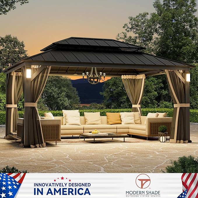 Modern Shade The Horizon Hardtop Gazebo 12' x 16' with 4 LED Lights, Permanent Outdoor Gazebo with Galvanized Steel Double Roof, Grill Pavilion with Decor Hooks, Mosquito Nettings, Black