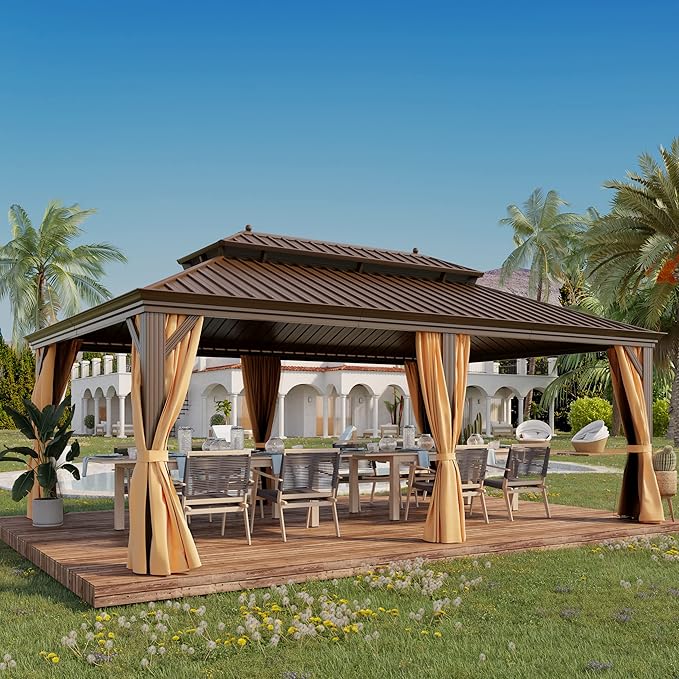 14'x20' Hardtop Gazebo Outdoor Aluminum Patio Gazebo Double Roof Galvanized Steel Canopy with Netting and Curtains for Garden, Backyard,Deck and Lawns