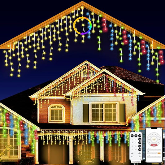 Christmas String Lights Outdoor, App and Remote Control, Warm White to Multicolor 49ft with 640 LEDs Waterproof for Outside Yard Patio Eave Decorations
