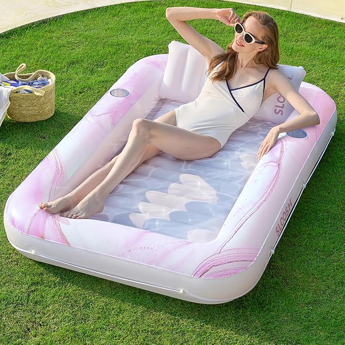 SLOOSH Inflatable Tanning Pool Lounger Float, 70" x 46" Pool Floats Adult with Pillow, 4 in 1 Suntan Tub Raft Floatie,Sunbathing Bed Lounge for Water Blow Up Ball Pit Party Gifts