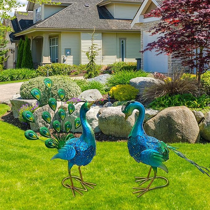 2 Pack Beautiful Peacock Outdoor Garden Statue Ornament Realistic Metal Peacock Lawn Yard Patio Decorations Art Sculpture Outside Decor Gift for Women Grandma Birthday,16" 20" Tall Blue Peacock