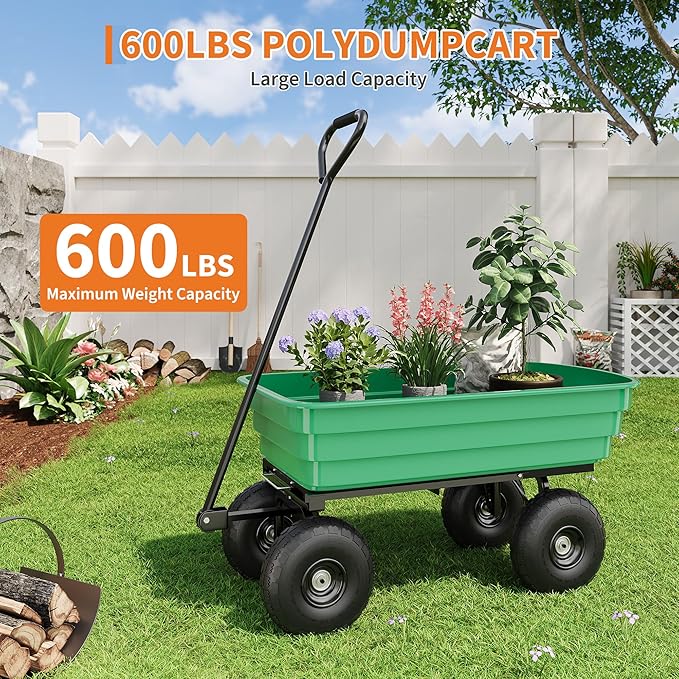 All-Terrain Garden Dump Cart with Removable Bed | 600Lb Heavy Duty Utility Wagon for Yard Work | 180° Pivoting Handle for Easy Control | Hauls Soil, Plants, Tools with Ease