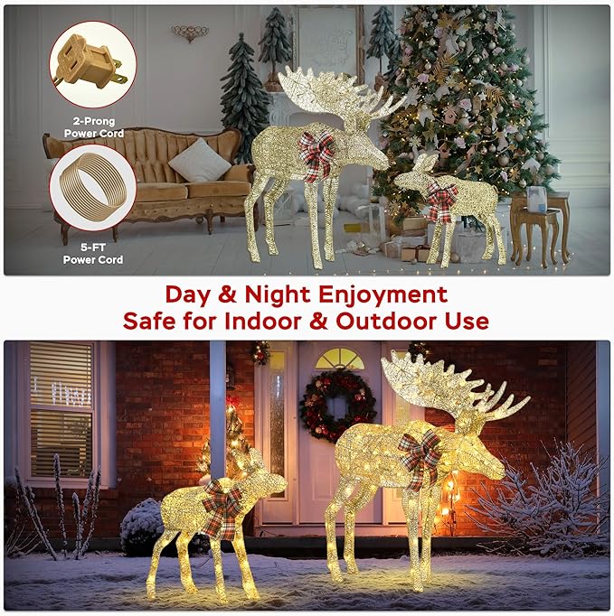 Outdoor Lighted Deer Christmas Decor, Moose & Fawn 2-Piece Set Xmas Holiday Decorations with 170 Warm White LEDs, Champagne Gold Twine, 3D Design, Ground Stakes, for Yards, Garden, Lawn