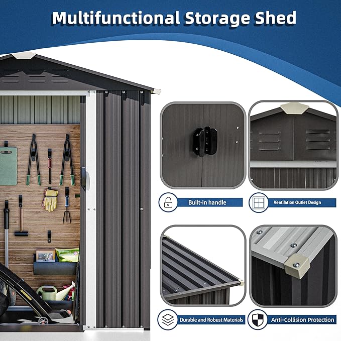 JY QAQA 6x4 FT Outdoor Garden Storage Shed, Waterproof Metal Garden Sheds with Lockable Double Door, Weather Resistant Steel Tool Storage House Shed for Patio, Lawn Gray