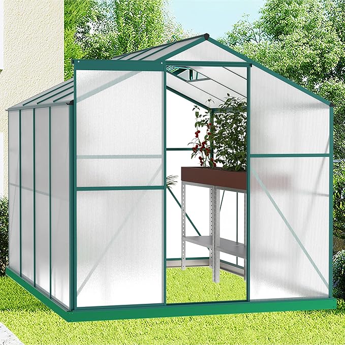 6x8 FT Greenhouses for Outdoor,Heavy Duty Polycarbonate Greenhouse, Walk-in Garden Green House with Base and Ventilation Window for Outside, Backyard,Green