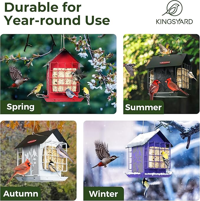 Kingsyard Metal Bird Feeder for Outdoor Hanging, Wild Bird Feeder with Double Suet Cage, Weatherproof Roof and 3 lbs Large Seed Capacity, White