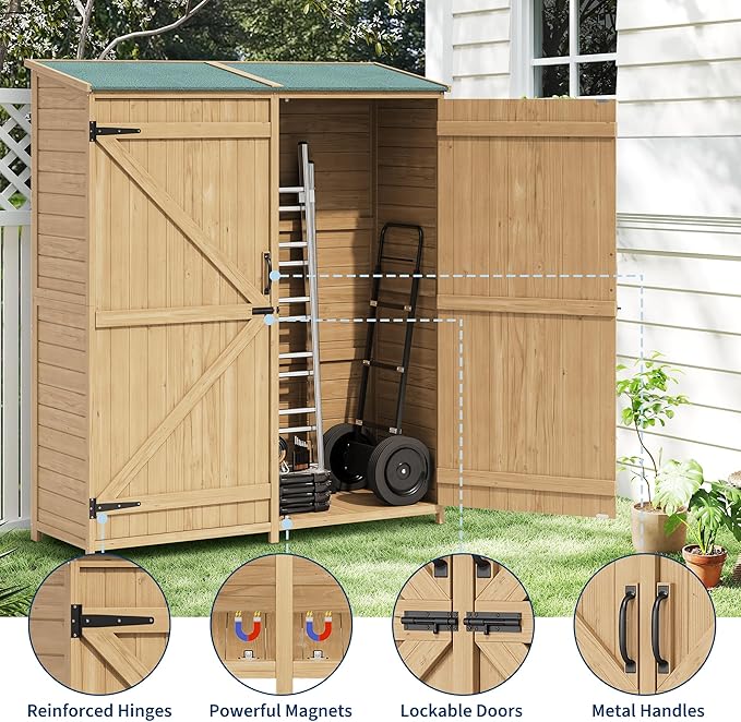 Outdoor Wooden Large Storage Cabinet Garden Shed Outside Wood Tool Organizer with Waterproof Roof Shelves 2 Doors & Adjustable Shelving for Garden Yard Organization