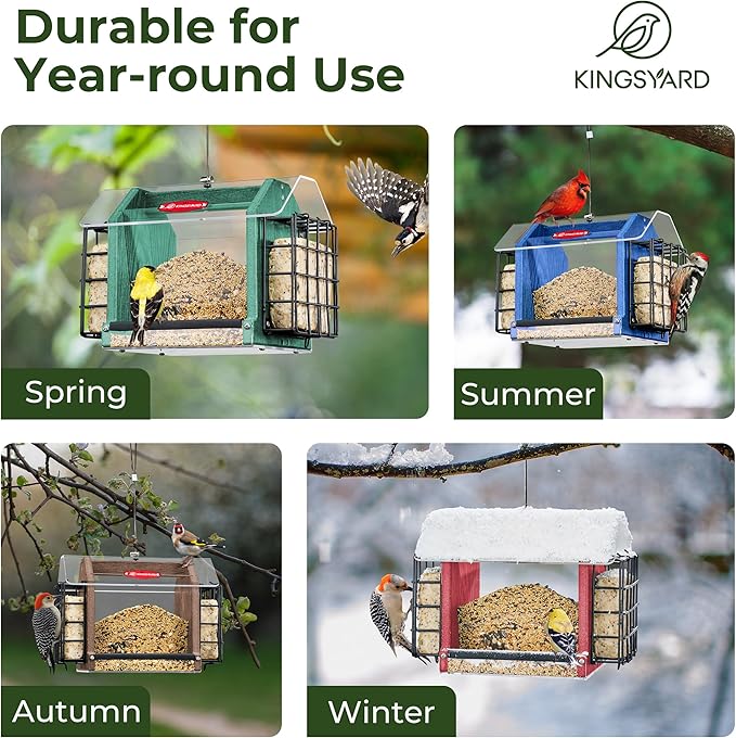 Kingsyard Hopper Bird Feeder for Outdoors Hanging, Recycled Plastic Double Suet Feeder with Clear View Windows, 3 LBS Seed, Cardinal Woodpecker Bluebird Feeder, Green