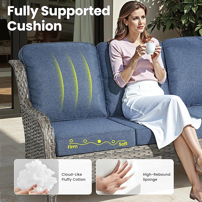 ovios 8 Pieces Patio Furniture Set, Outdoor Wicker Sofa Couch with Swivel Chairs 42" Fire Pit Table, High Back All Weather Modern Conversation Sets, Grey Rattan, Denim Blue