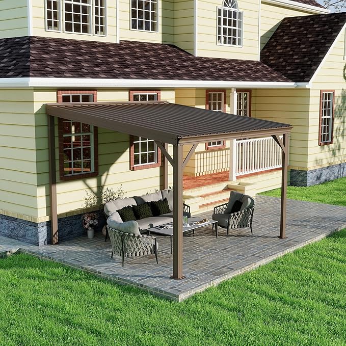Domi 10’x10’ Wall-Mounted Hardtop Gazebo Pergola – Permanent Lean-to Outdoor Shelter with Sloped Galvanized Steel Roof & Upgraded Drainage – Grey Metal Patio Cover for Backyard, Deck, Garden, Brown