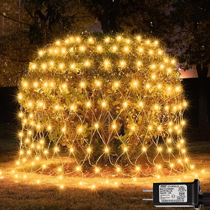 300 LED Net Lights, 14.8ft x 5ft 8 Modes Christmas Outdoor Mesh Lights Connectable, Waterproof Decorative String Lights Plug in for Bushes Xmas Tree Garden Wedding Party (Clear Wire, Warm White)