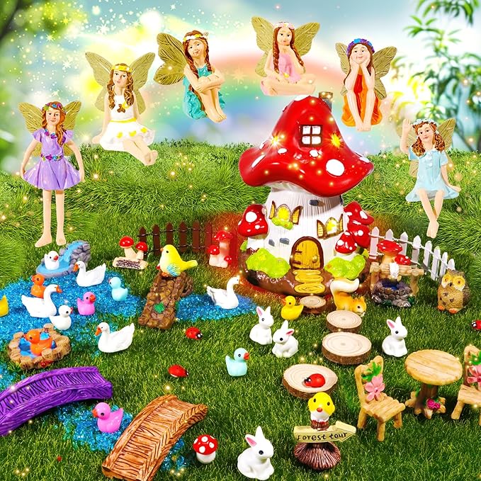 56 Pcs Fairy House Garden Kit Miniatures Fairy Garden Accessories Mini Resin Figurines Animals Decor Mushroom House Outdoor Ornaments for DIY Micro Landscape Ornament