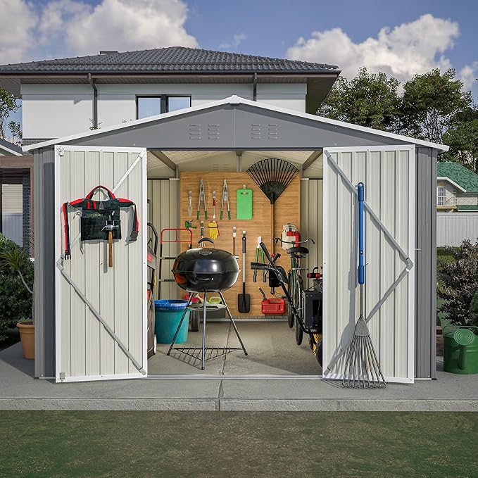 10X10 FT Outdoor Storage Shed,Metal Shed W/Lockable Doors,Air Vents & Sloped Roof,Garden Tool House W/Updated Frame Structure,for Backyard Patio Lawn,Gray
