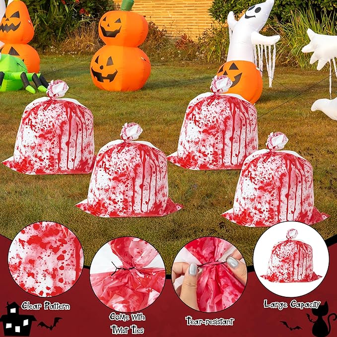 CNhoqc Halloween Lawn Leaf Bags - 16Pcs Halloween Bloody-Themed Thick Plastic Garbage Bags with Twist Ties, Fall Yard Leaf Trash Equiement, Reusable Plastic for Garden Outdoor Decorations Party Favor