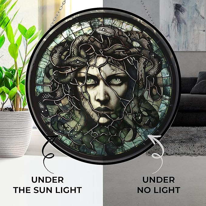 Medusa Stained Glass Window Hanging Window Suncatcher 12" Glass Panel with Metal Chain and Hooks Sun Catchers Indoor Wall Art Home Decor Gift for Women Mother's Day