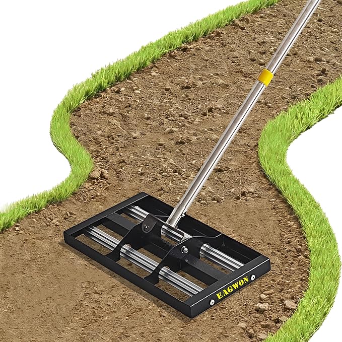 17"x10"Lawn Leveling Rake with Aluminum Rollers, Stainless Steel Yard Lawn Leveler Tool with Adjustable Long Handle, Yard Leveling Rake Suit, Levelawn Tool for Soil, Grass, Golf Course, Garden, Farm