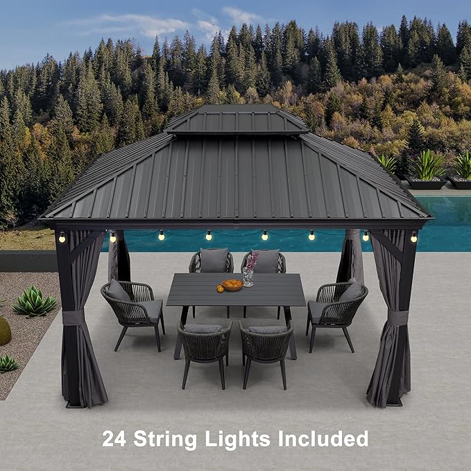 PURPLE LEAF 10' X 12' Hardtop Gazebo with Light Galvanized Steel Double Roof Outdoor Gazebo for Patio Lawn and Garden Grey