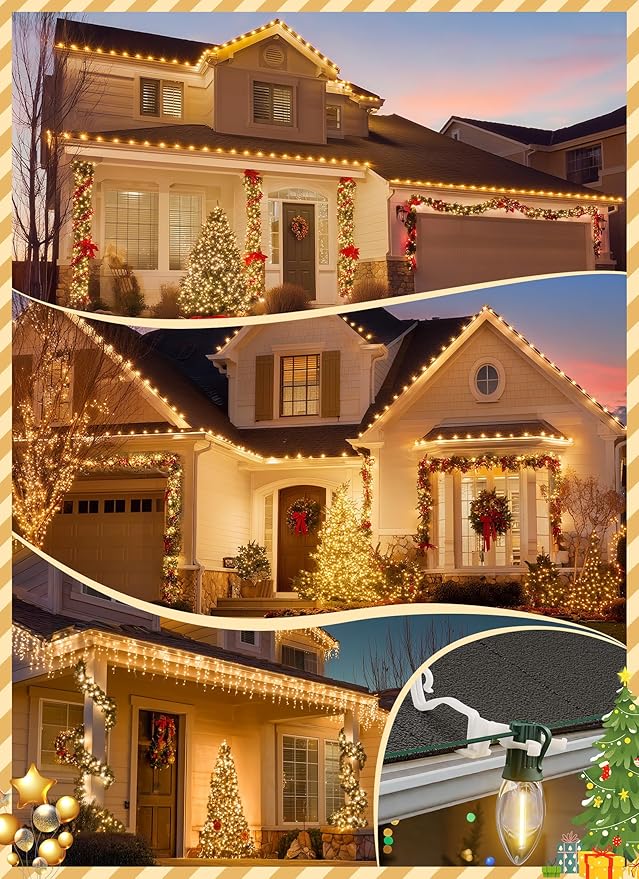 Universal Christmas Lights Shingle Clips, 200 Count All in One Gutter Clips, Shatterproof All Purpose Shingle Clips for C7/E12, C9/E17, Mini String Lights, Rope Lights, Outdoor Christmas Decorations