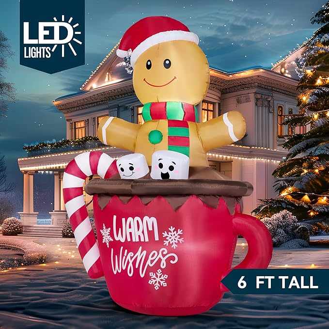 Joiedomi 6 FT Tall Christmas Inflatable Gingerbread Man in Hot Cocoa Mug with Build-in LEDs, Gingerbread Blow Up Yard Decoration for Xmas Party Outdoor Garden Decor