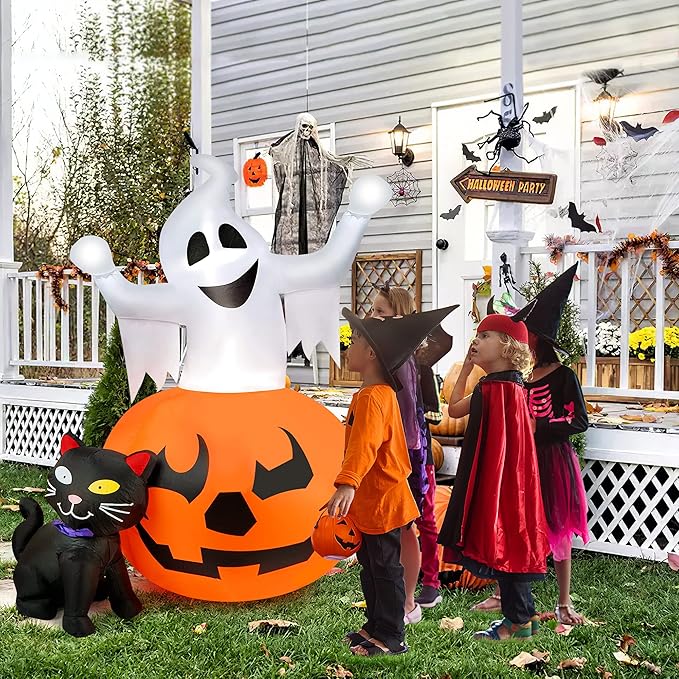 5 FT Halloween Inflatables Outdoor Spooky Pumpkin and Witch' s Black Cat Combo Inflatable Decor, Halloween Blow Up Yard Decorations Clearance with Build-in LED Lights, Halloween Outdoor Decorations