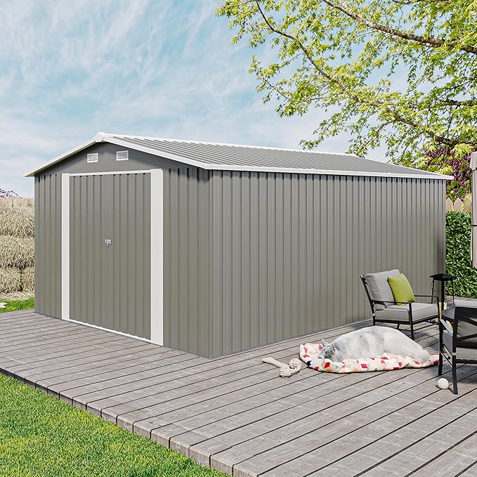 10x14 FT Outdoor Metal Storage Shed with Lockable Door, Steel Garden Utility Shed with Vents, Backyard Patio Tool Shed for Lawn Equipment, Bike, Firewood and Mower Storage, Light Gray