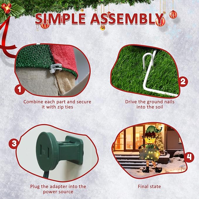 VEIKOU 4.8 FT Lighted Christmas Elf Decoration with Envelope, 3D Christmas Elf Yard Decor with 100 Warm LED Lights, Ground Stakes and Zip Ties, Outdoor Xmas Holiday Display for Garden, Lawn, Patio