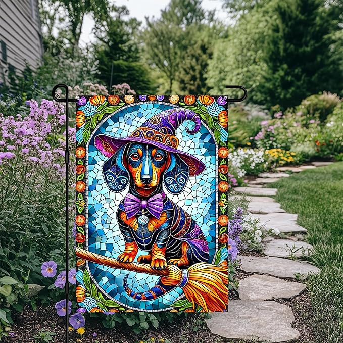 Happy Halloween Garden Flag 12x18 Inch Dachshund Witch Dog Flag Stained Glass Style Yard Banner Double Sided Halloween Outdoor Decorative Flag for Porch Lawn