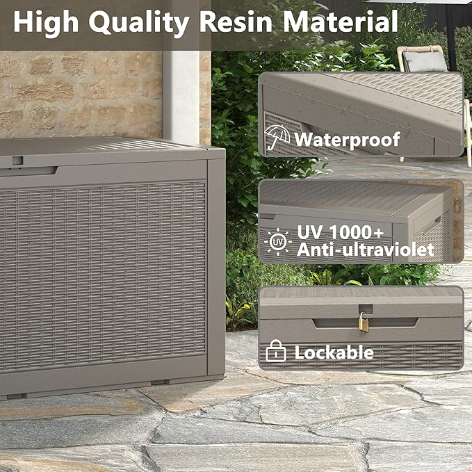 100 Gallon Deck Box Large Outdoor Storage Boxfor Patio Furniture,Outdoor Cushions, Garden Tools, Sports Equipment and Pool Supplies, Waterproof, Resin, Lockable