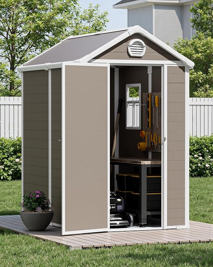 6x4.5 FT Plastic Sheds & Outdoor Storage, UV Resistant Storage Sheds Outdoor with Floor and Window, All-Weather Garden Resin Tool Shed for Lawn Mower, Yard Tools, Bike, Warm Gray