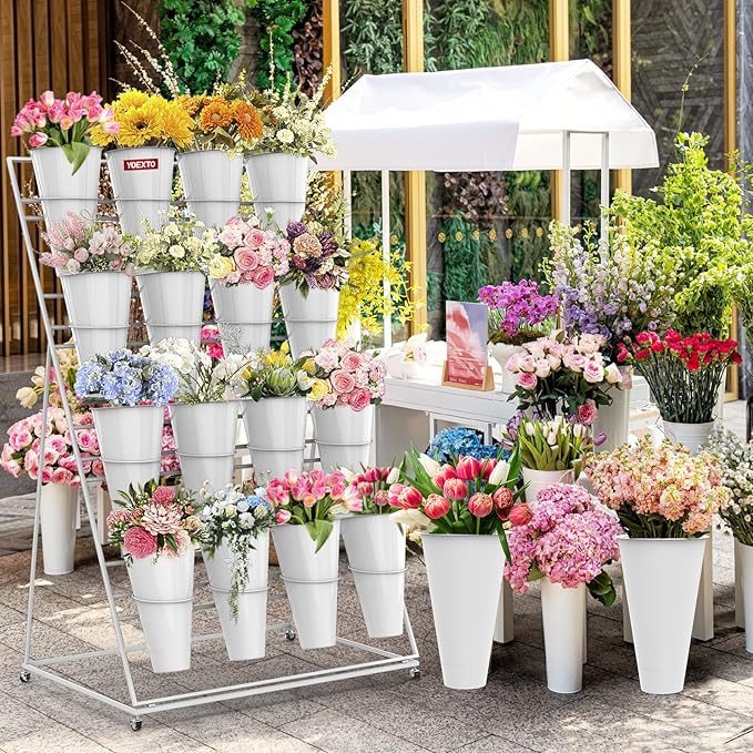 Flower Display Stand with Buckets, 4 Layers 16 PCS Buckets Plant Stand with Wheels, Movable Metal Plant Stand for Terrace Garden, Living Room, Florist Shop (White Frame - White Buckets, 4-Tier)