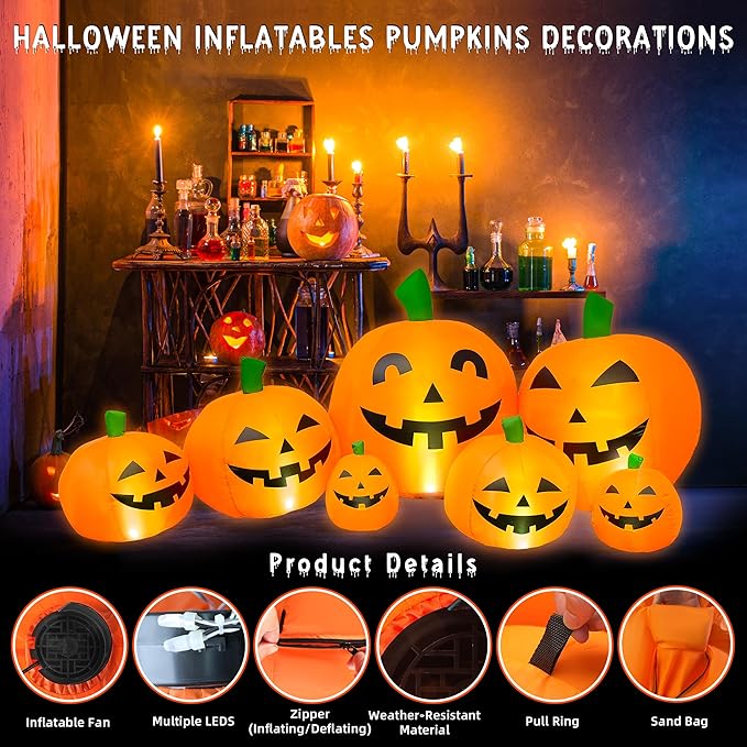 Outdoor Halloween Decorations 7.5 Ft Halloween Inflatables Pumpkins with Built-in LED Lights,Blower,Ground Stakes,Fall Garden Lawn Large Inflatable Halloween Party Yard Decorations