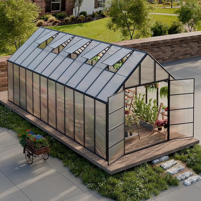 10'x10'x24' Snap-Together Greenhouse - Easy 3-Way Connectors, Heavy-Duty Aluminum Frame, Wind/Snow Resistant for Gardening/Urban Farming, Includes Sliding Door & Ventilation Windows