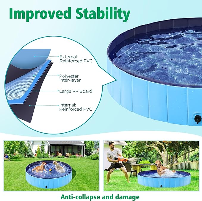 Yaheetech Foldable Dog Pool Collapsible Hard Plastic Dog Swimming Pool Portable Pet Pools Doggie Wading Pool Bath Tub for Puppy Small Medium Large Dogs, 63 x 12 Inches Blue