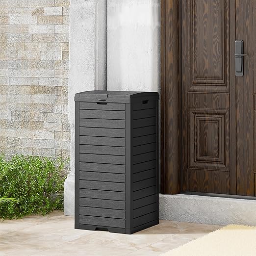 31 Gallon Outdoor Trash Can, Waterproof Resin Garbage Can with Lid and Drip Tray Easy Cleaning Kitchen Waste Bin Patio Waste Bin for Garden, Backyard, Deck and Office, Black