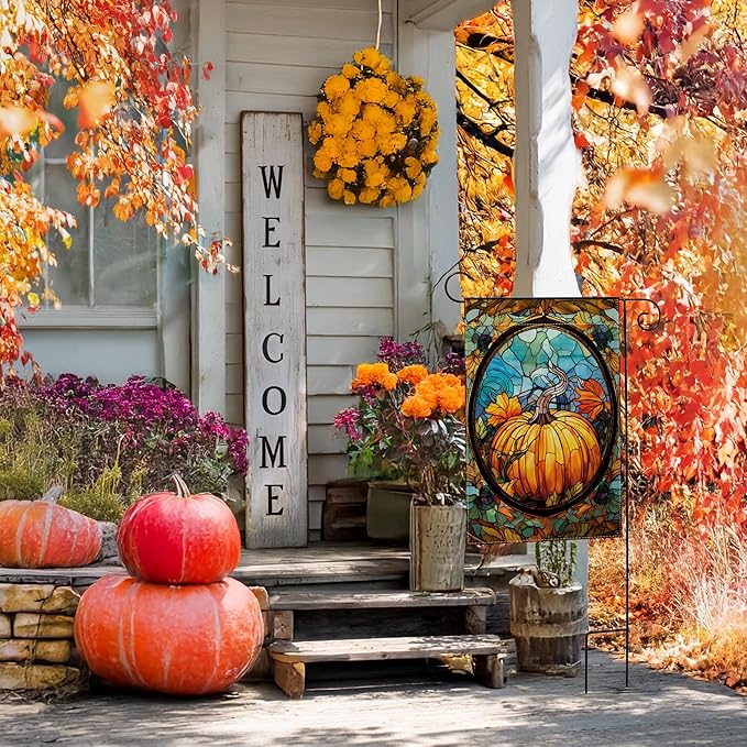 Garden Flags, Garden Flag, Stained Glass Style Pumpkin Maple Leaf Double-Sided Flags for Farmhouse Yard Outdoor Decoration-12 x 18inch (Pumpkin-3)
