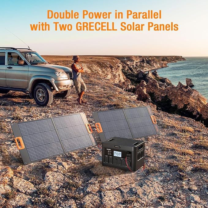 GRECELL Portable Power Station 2400W Solar Generator with 2 * 100W Solar Panel, 1843Wh UPS Backup LiFePO4 Battery Power Supply with 11 Outlets(4 2400W AC Outlets,2 PD100W) for Home CPAP Camping RV