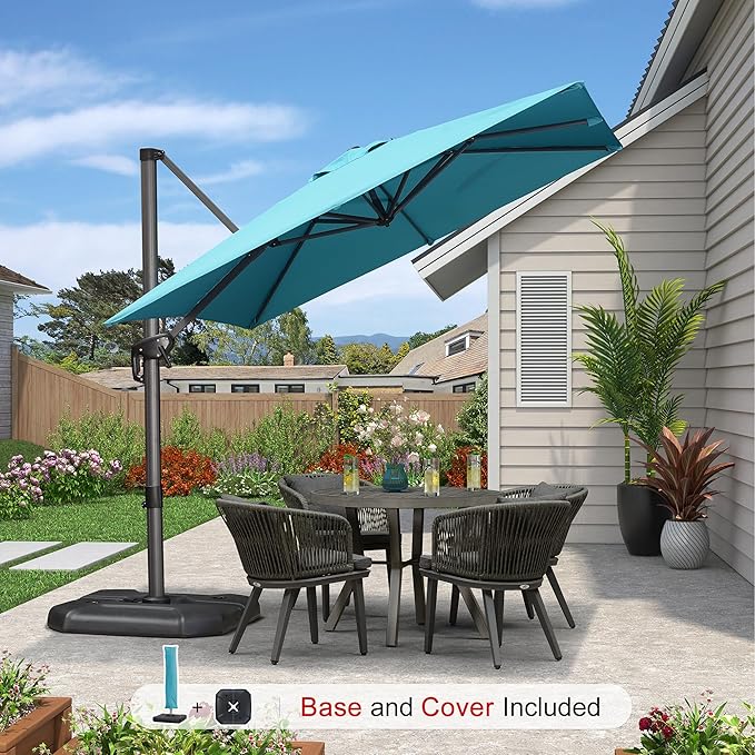 PURPLE LEAF 8'×8' Patio Cantilever Umbrella with Base Included Offset Outdoor Umbrella with cover Square umbrella outdoor patios for Backyard Pool Garden Turquoise Blue