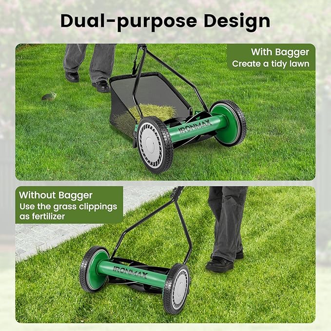 Goplus Manual Lawn Mower, 14 Inch 5-Blade Walk-Behind Cordless Grass Cutter with 7 Gallon Removable Grass Collect Bag, Adjustable Cutting Heights, Push Reel Lawn Mower for Yard, Garden